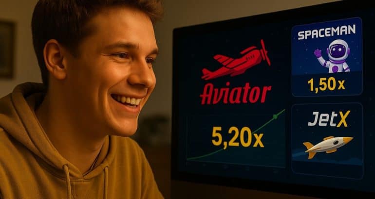 Jovem observando multiplicador 10x na tela, com expressão de tensão e luz quente no ambiente. Tela mostra botão "Cashout".