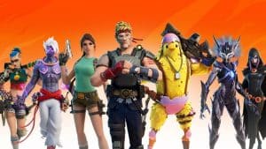 Personagens de Fortnite reunidos sobre fundo laranja