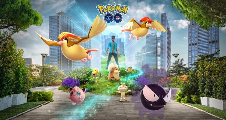 Personagens de Pokémon GO em uma paisagem urbana
