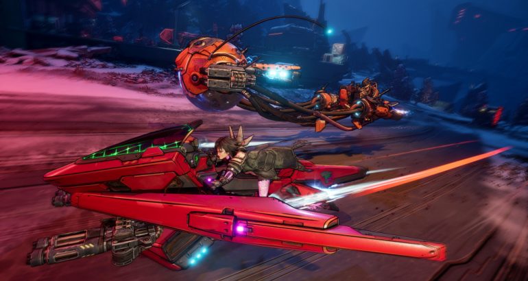Cena de ação de Borderlands 4 com personagem sobre veículo vermelho