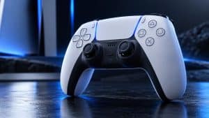 Controle PS5 DualSense em destaque com iluminação azul