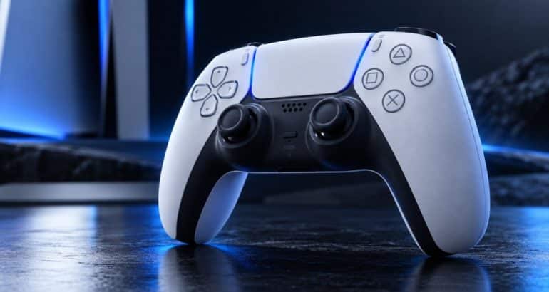 Controle PS5 DualSense em destaque com iluminação azul