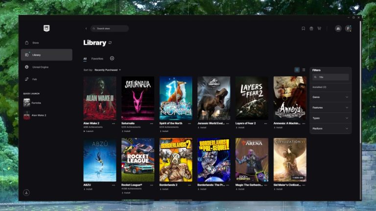 Captura da interface do Epic Games Launcher Preview com biblioteca e capas de jogos em visualização de grade