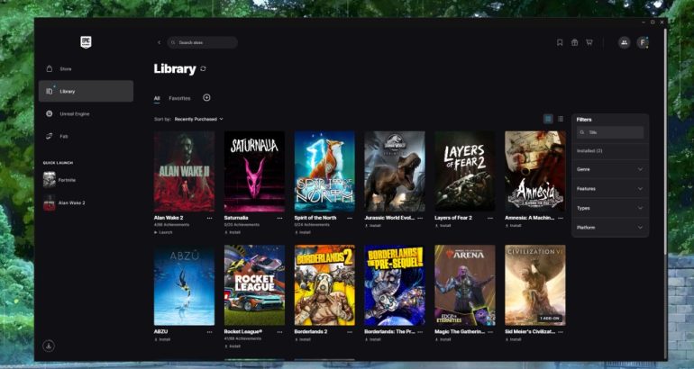 Captura da interface do Epic Games Launcher Preview com biblioteca e capas de jogos em visualização de grade