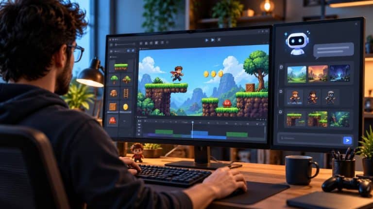 Desenvolvedor criando um jogo 2D com auxílio de inteligência artificial