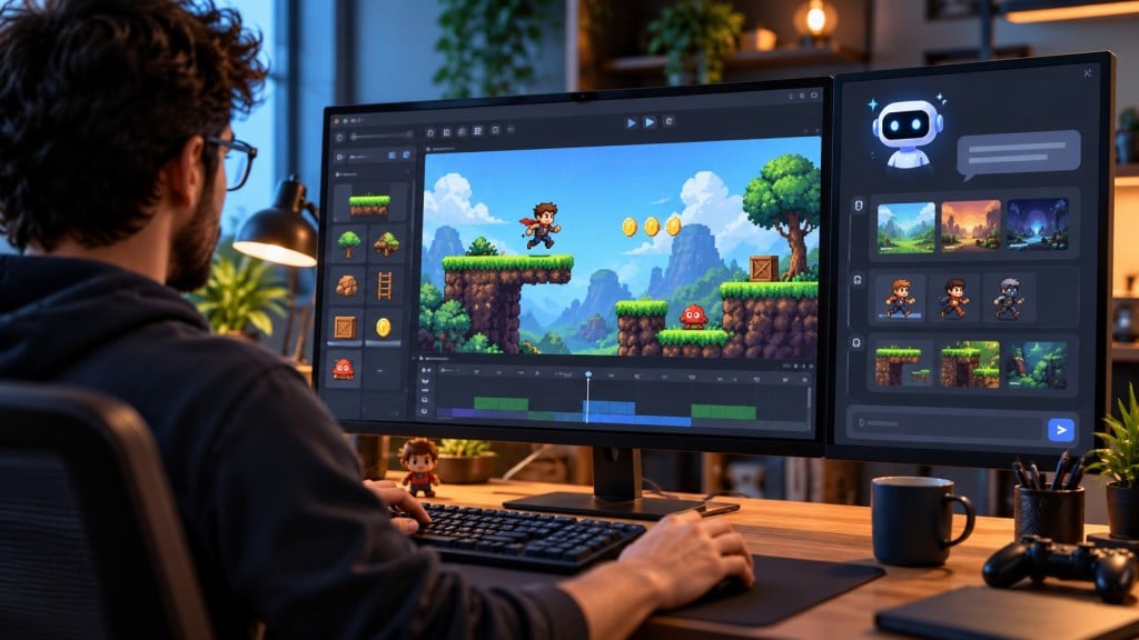 Desenvolvedor criando um jogo 2D com auxílio de inteligência artificial