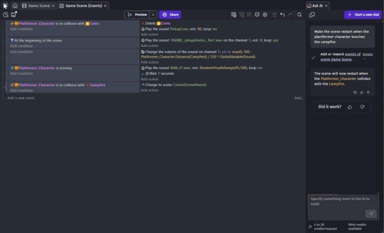 Interface do GDevelop com agente de IA criando lógica de jogo no editor
