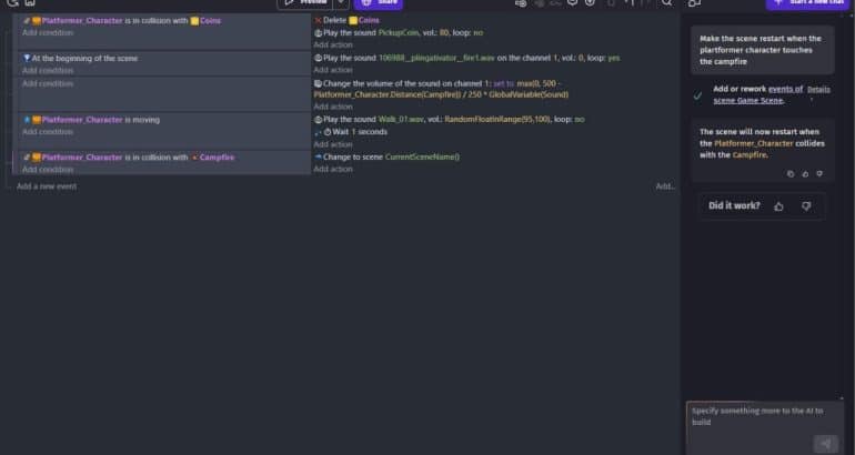 Interface do GDevelop com agente de IA criando lógica de jogo no editor