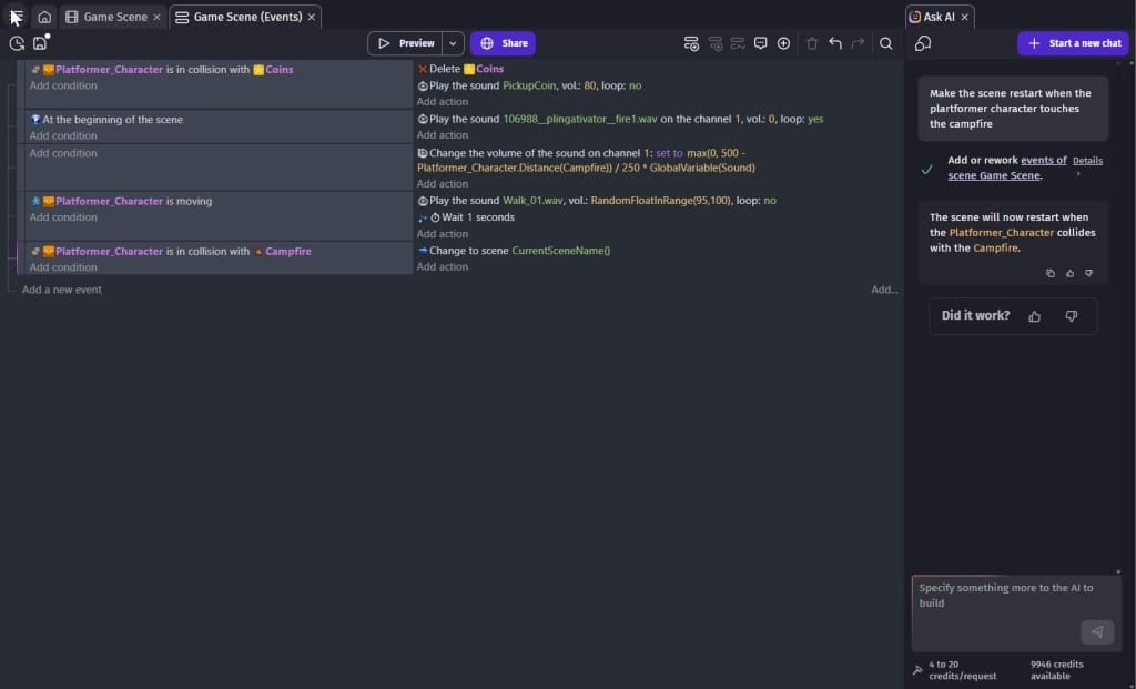 Interface do GDevelop com agente de IA criando lógica de jogo no editor
