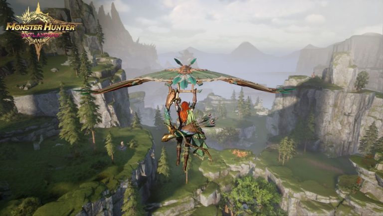 Caçador atravessa cenário montanhoso com planador em Monster Hunter Outlanders