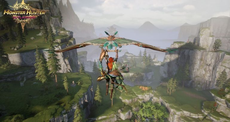 Caçador atravessa cenário montanhoso com planador em Monster Hunter Outlanders