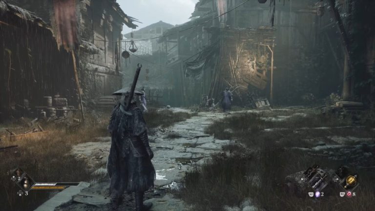 Personagem Soul atravessa vila com espada nas costas em imagem de gameplay de Phantom Blade Zero