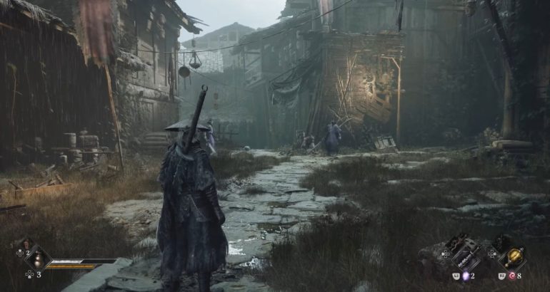 Personagem Soul atravessa vila com espada nas costas em imagem de gameplay de Phantom Blade Zero