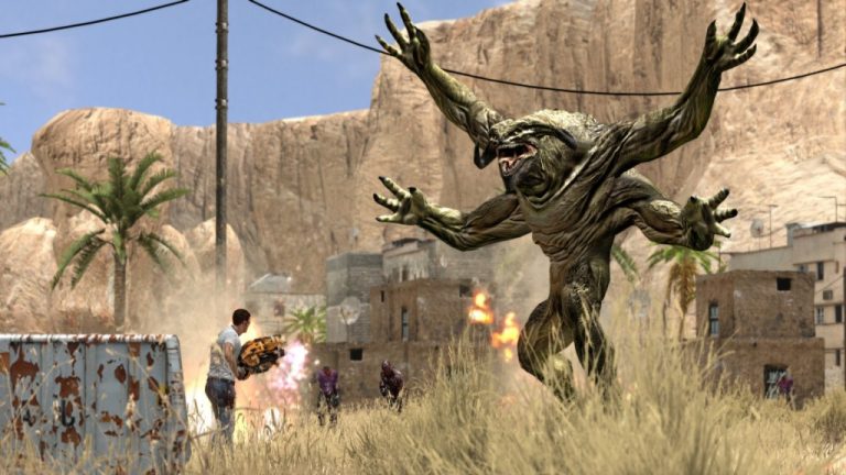 Imagem de arquivo da franquia Serious Sam, com personagem enfrentando monstros em cenário árido