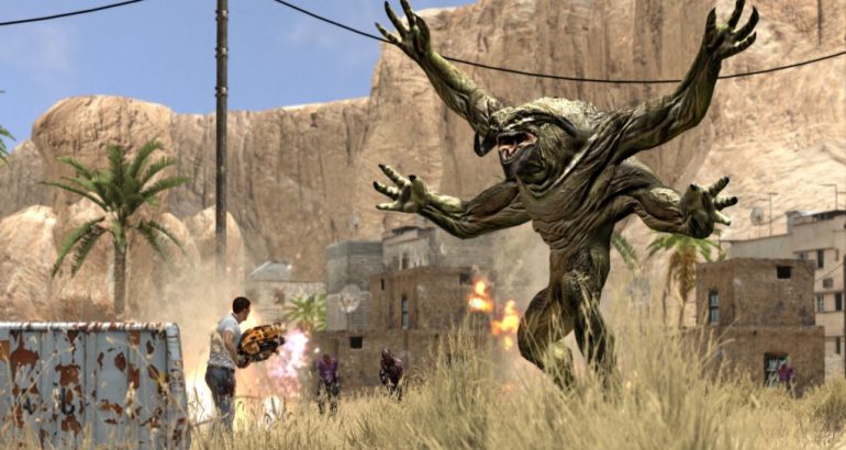 Imagem de arquivo da franquia Serious Sam, com personagem enfrentando monstros em cenário árido