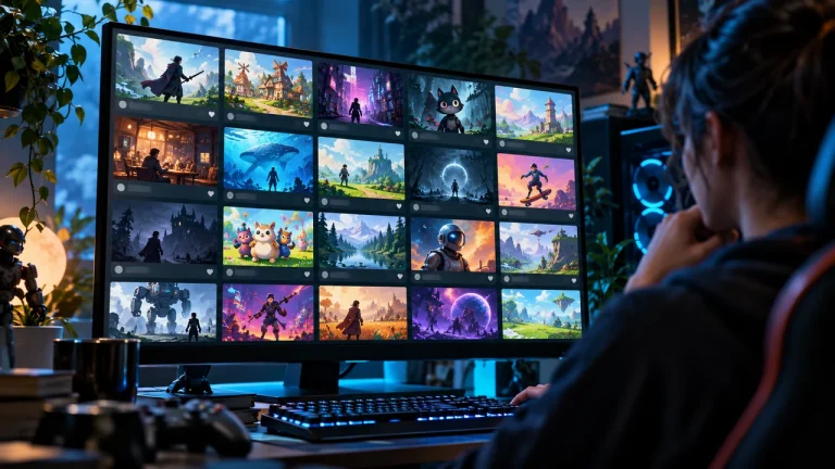 Pessoa navegando por uma seleção de demos de jogos para PC durante o Steam Vem Aí, em um monitor com várias capas coloridas