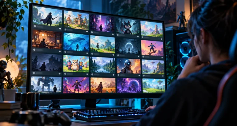 Pessoa navegando por uma seleção de demos de jogos para PC durante o Steam Vem Aí, em um monitor com várias capas coloridas