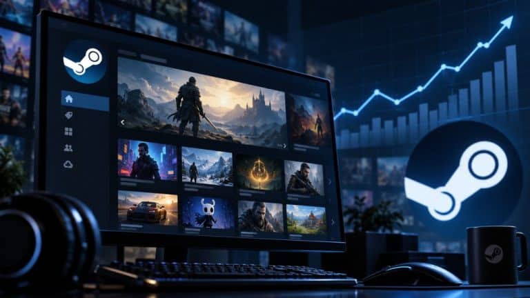 Arte editorial sobre o crescimento da Steam e sua receita em 2026
