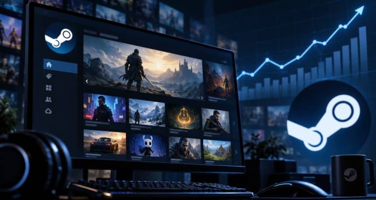 Arte editorial sobre o crescimento da Steam e sua receita em 2026
