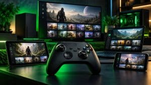 Xbox Game Pass em vários dispositivos com controle Xbox em destaque