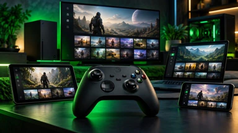 Xbox Game Pass em vários dispositivos com controle Xbox em destaque