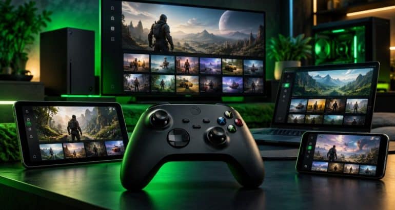 Xbox Game Pass em vários dispositivos com controle Xbox em destaque