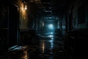 Ambiente sombrio de videogame ilustrando uma seleção de jogos de terror